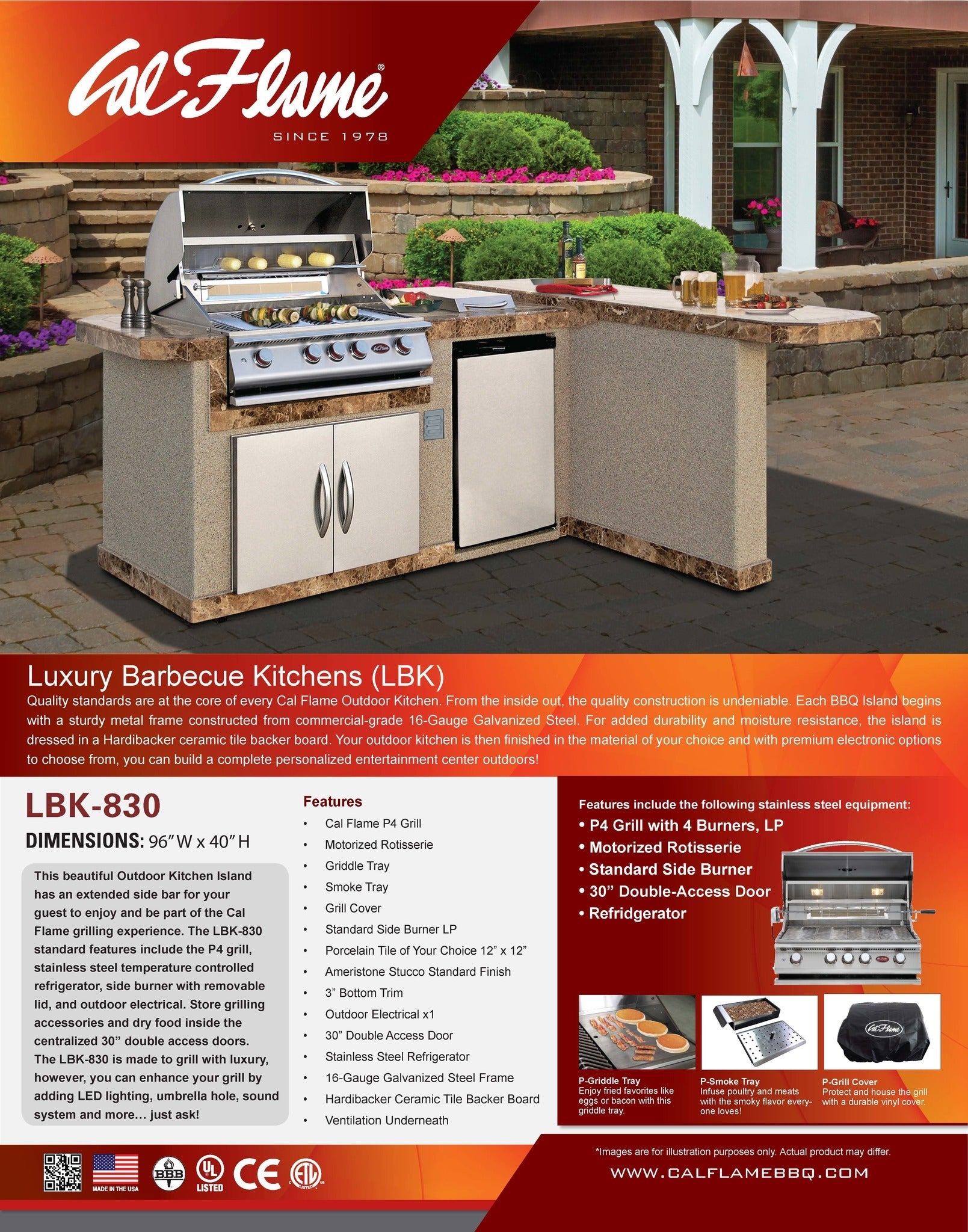 8 ft. L-Shaped BBQ Island with P4 Grill and Refrigerator by Cal Flame -  LBK820 (Customizable Outdoor Kitchen)